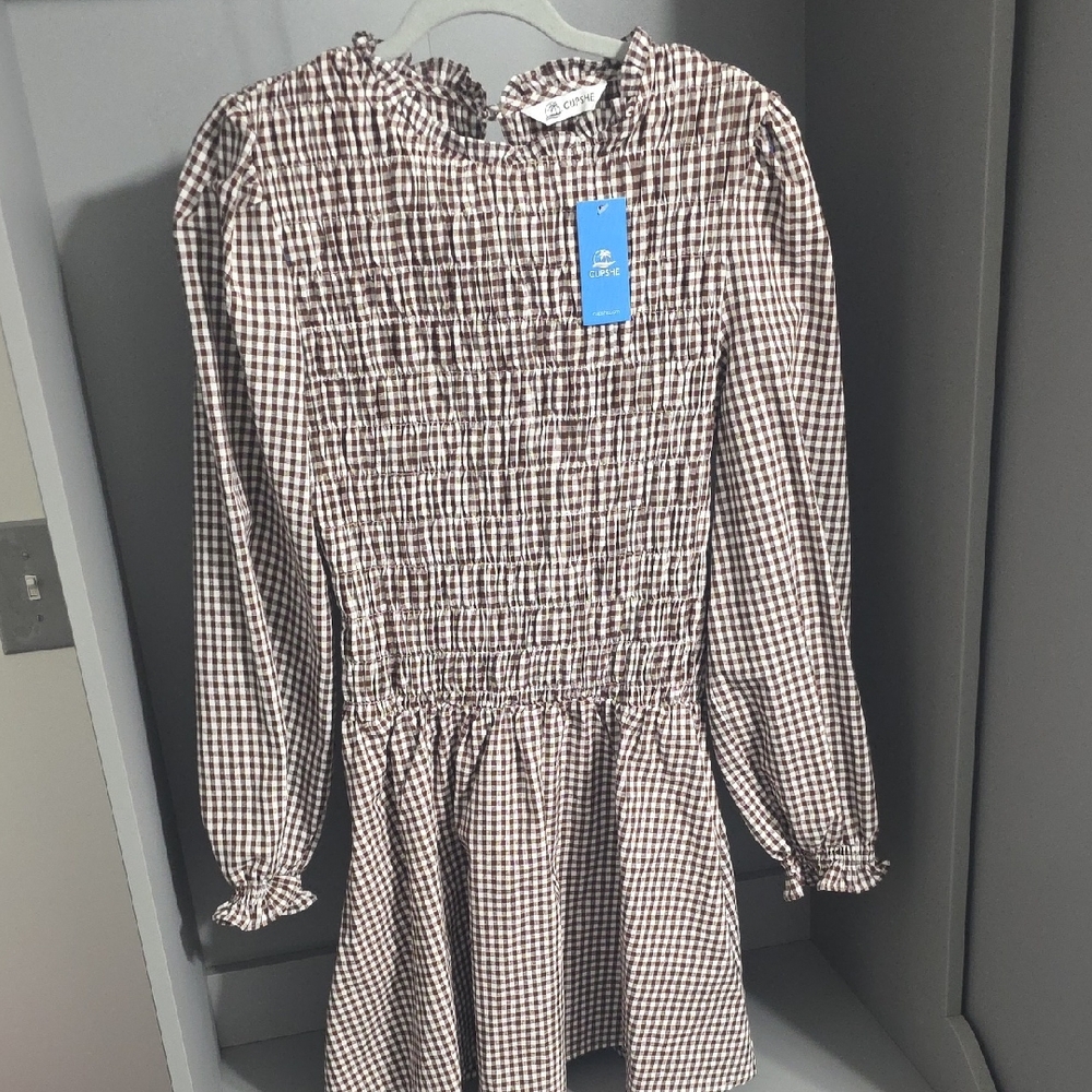 Cupshe Brown Gingham Smocked Long-Sleeve Girls Dress
